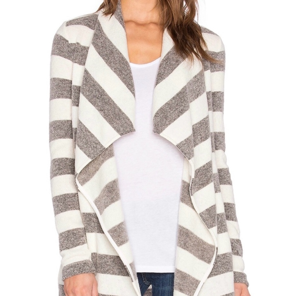 Three Dots wool blend grey and white stripe open cardigan size medium